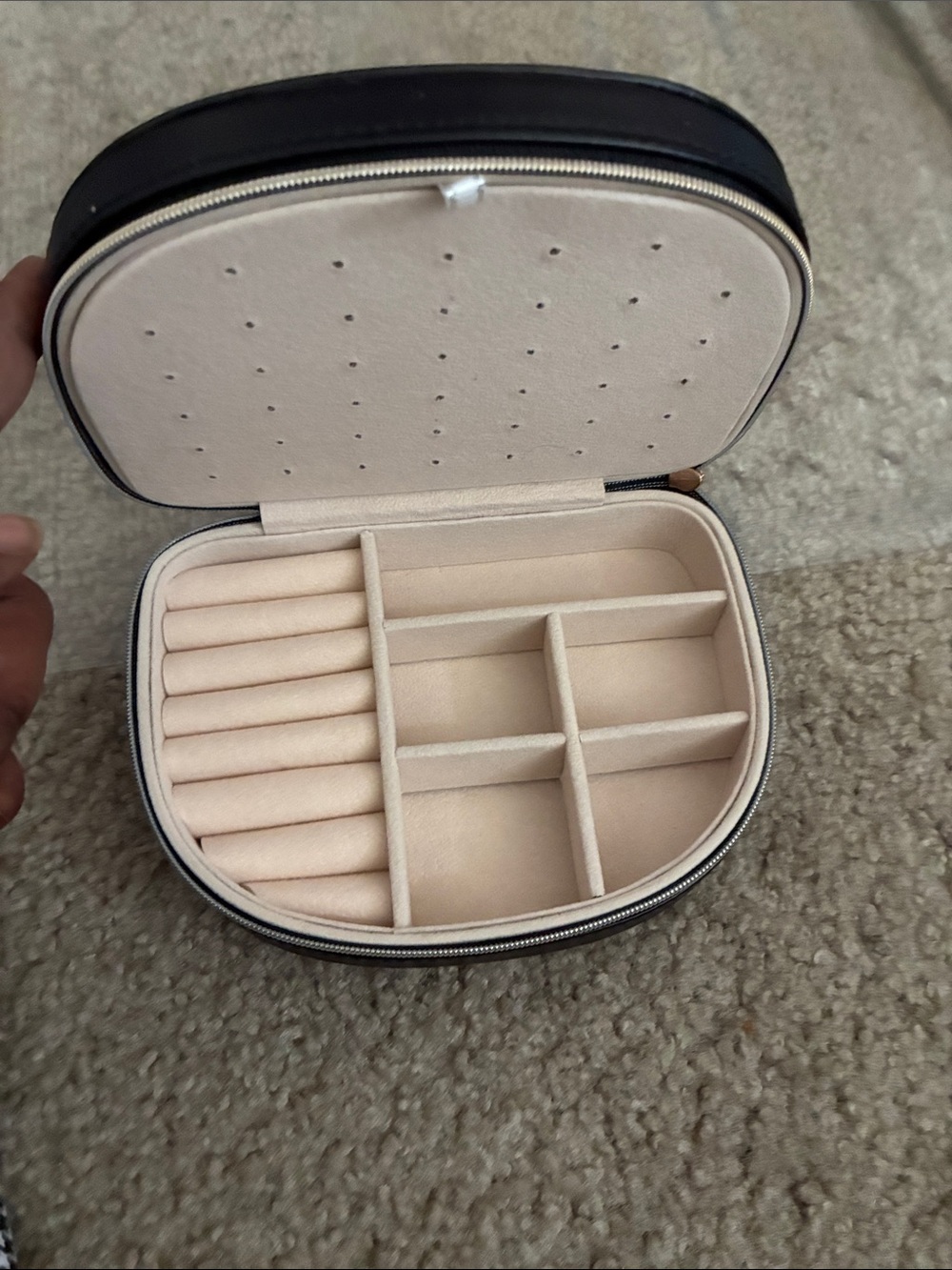 Compact Black Jewelry Travel Case with Cream Interior